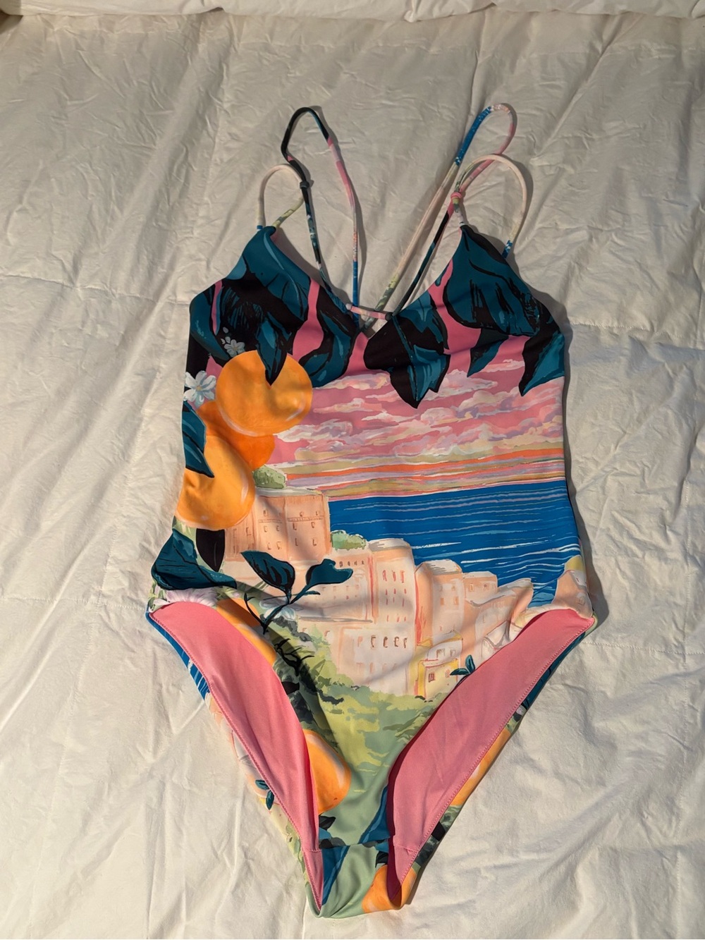 Mediterranean Print One-Piece Swimsuit in Pink and Blue